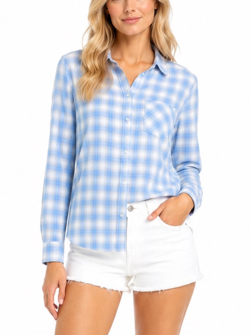 PAIGE Womens Blue White Plaid Button Front Shirt Long Sleeve Casual Top Preppy S